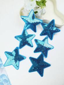 6pcs Sky Blue Sequin Five-Pointed Star Pattern Cloth Patches, Cartoon Style Embroidery Sewing Applique Stickers, DIY Craft, Suitable For Clothing, Shoes, Hats, Bags, Etc. - Sky Blue - View 5