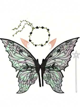 Fairy Wings For Adults And Girls,Fairy Costume Set With Floral Garland, Fairy Hair Tinsel, Wand & Elf Ears – 29"X21" Organza Butterfly Wings – Ideal For Cosplay, Party