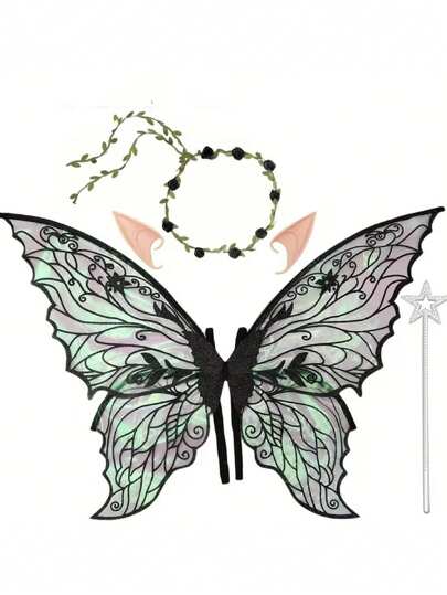Asas de Fada para Adultos e Meninas, Conjunto de Fantasia de Fada com Guirlanda Floral, Tinsel de Cabelo de Fada, Varinha e Orelhas de Duende - Asas de Borboleta de Organza de 29"X21" - Ideal para Cosplay, Festa