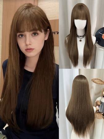 Long Straight Wig With Bangs Brown Wig For Women, Heat Resistant Synthetic Natural Hair Party And Cosplay Premium Soft Wig