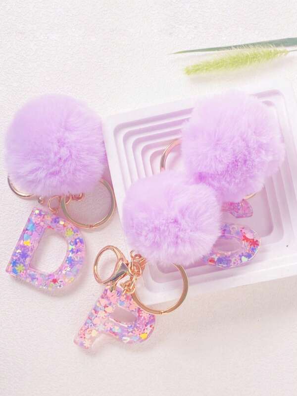 1pc Purple Initial Letter Keychain Bag Accessories For Women Backpack Purse Bag Charms For Handbags Cute Purple Fluffy Ball Key Ring For Women Car Accessories School