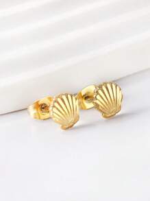 1 par de aretes con diseño de conchas simples de moda, de acero inoxidable en color dorado/plateado, para mujer y niña, a juego con el diario, resistentes a las alergias