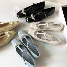 Scarpe da donna con punta quadrata, cinturino a T con perline francesi, tacco basso, Mary Jane, bocca piatta, temperamento gentile - Beige - Visualizzare 4