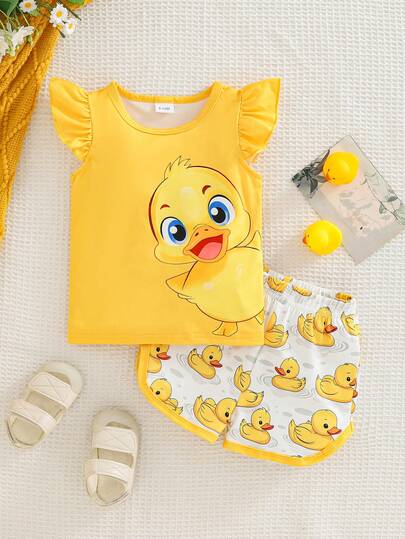 Baby Girl Yellow Duck Print Ärmlös topp med volangärmar & Allover Shorts Set, bedårande våroutfit