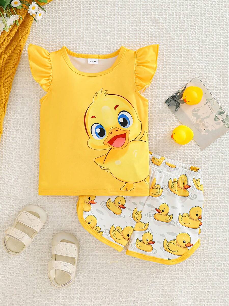 Baby Girl Yellow Duck Print Sleeveless Top With Frill Sleeves & Allover Print Shorts Set, Adorable Spring Outfit - Yellow - View 1