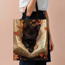 1 pièce Sac fourre-tout en canevas "La vie est meilleure avec des chats et des livres" - Sac à épaule mignon pour amateurs de chats, sac fourre-tout kawaii pour dames, design de chat noir et de livre pour femmes à la mode, sac fourre-tout unique et élégant