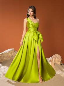 Faeriesty Elegant Satin One-Shoulder Formal Dress, Featuring Eye-Catching 3D Bow Accent And Ruched Fitted Bodice - A-Line Skirt With Flowing Silhouette, Cinched Waist To Highlight Waistline, Floor-Length Gown For Graceful Look, Ideal For Formal Occasions Like Galas And Birthdays - Green - View 6