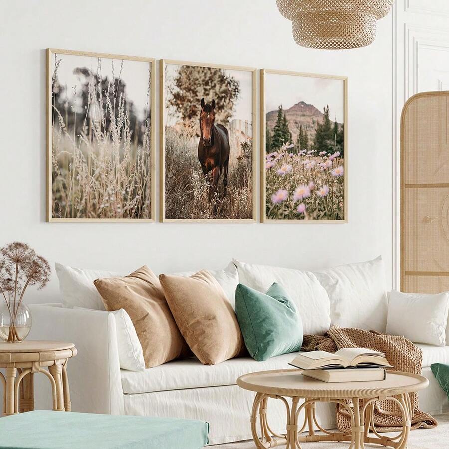 1/3 件套墙面艺术海报/现代西式套装，波西米亚风农舍 3 件套大型墙面艺术山景自然版画，可打印花卉版画，马匹海报装饰画，带框/无框 - 彩色 - 查看 1