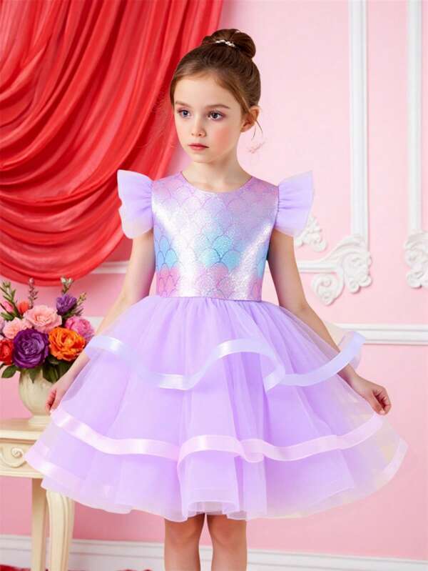 Tween Girls Mermaid Flared Mesh Layered Princess Tutu Dress, Party Gown