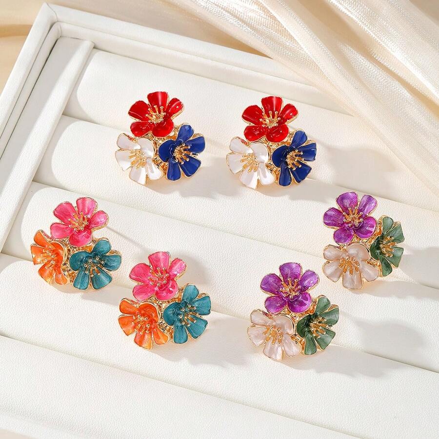 Pendientes florales de metal geométrico con efecto de goteo de aceite, pendientes asimétricos de rayas estilo playa