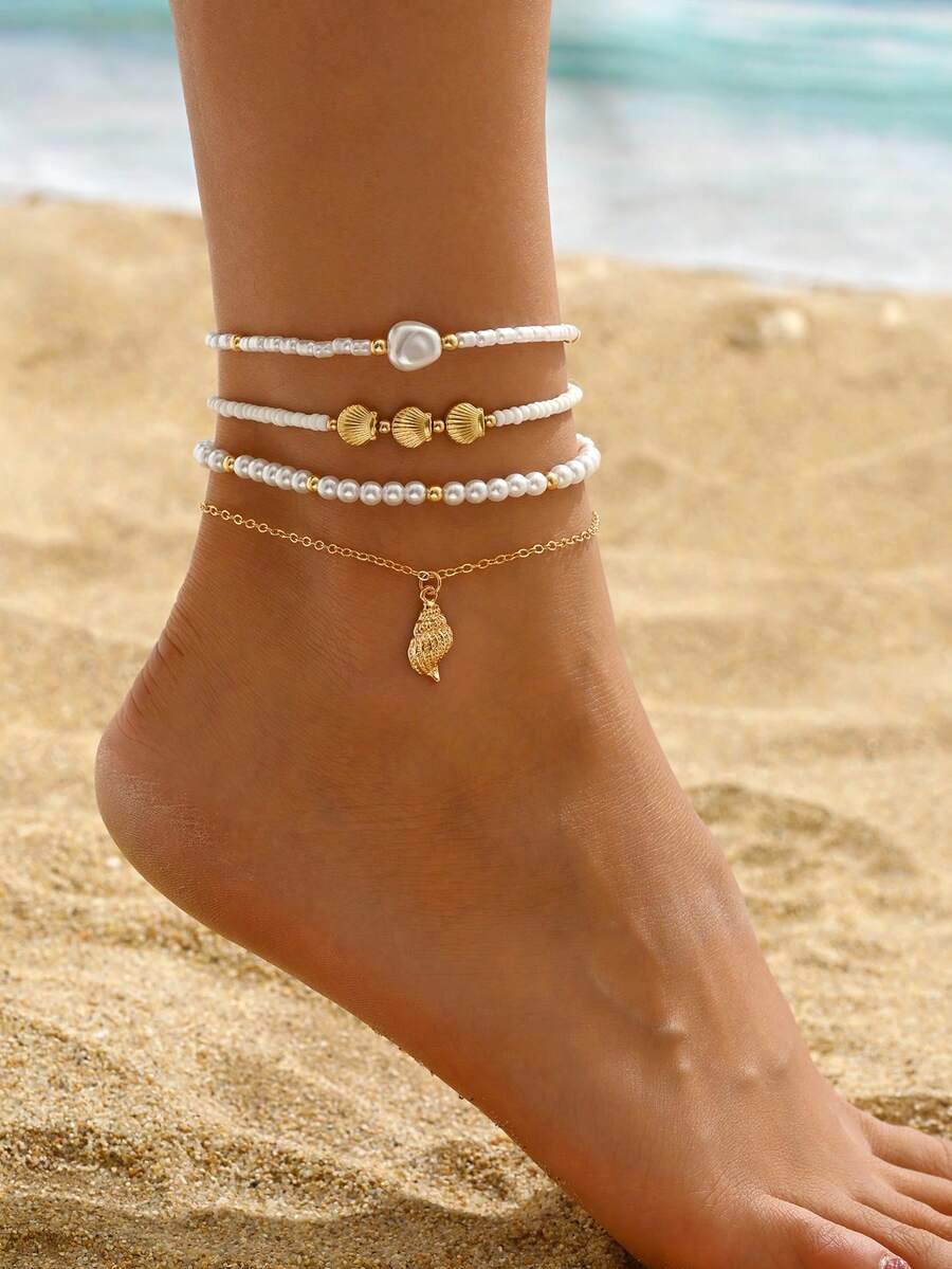 4pcs/Set Women Beach Style Shell Conch Pendant Beaded Anklets, Simple Layered Glass Pearl Chains Foot Jewelry, Suitable For Beach Vacation - White - View 1