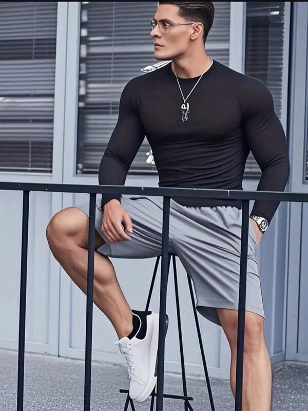 Men's Quick Drying Solid Color Crew Neck & Long Sleeves, Spring Summer Autumn Sports Tops For Outdoor Activities