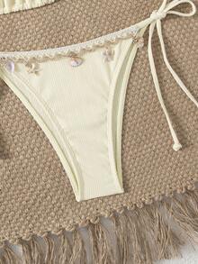 Nuevo conjunto de traje de baño con copa blanda, tirantes de espagueti, espalda abierta y decoración de concha - Crema - Ver 8