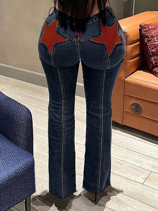 Y2K Vintage Star Print Wide Leg Jeans Seam Detail Slant Pocket None-Stretchy Denim Pants