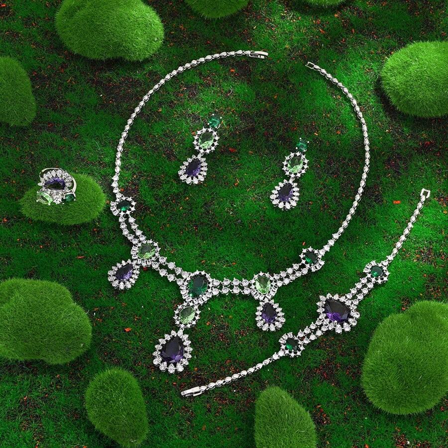 Fashion Colors Cubic Zirconia Water Drop Jewelry Set 4 Pieces Luxury Wedding Bridal Jewelry Necklace Set Accessories