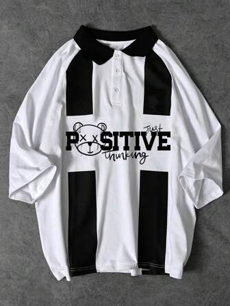 男士休闲字母条纹拼色 Polo 衫、短袖套头衫、夏季