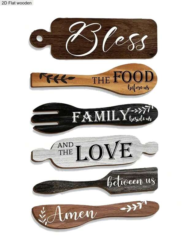 6pcs Rustic Kitchen Themed Wall Art Home Decor Farmhouse Decor, "Bless The Food Before Us" Tableware Shape Wall Hanging Decor, Vintage Plaque For Harvest Festivals, Autumn, Kitchen Rustic Wood Sign For Front Door Yard