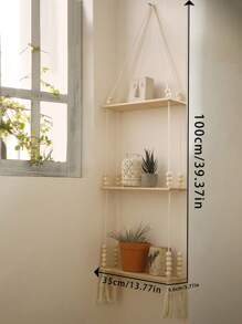 1 pièce d'étagère murale de style bohème tressée à la main - étagère murale flottante en bois avec perles en bois, convient pour la décoration de style ferme, étagère suspendue vintage pour la chambre, le salon, la chambre d'enfant, pour tenir des plantes en pot, vases, cristaux, quartz, décorations
