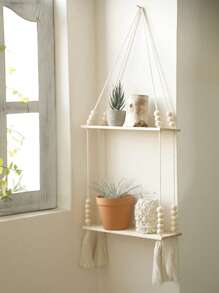 1 pièce d'étagère murale de style bohème tressée à la main - étagère murale flottante en bois avec perles en bois, convient pour la décoration de style ferme, étagère suspendue vintage pour la chambre, le salon, la chambre d'enfant, pour tenir des plantes en pot, vases, cristaux, quartz, décorations