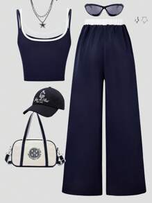 Girls' Fashion Casual Fashion New 2 Pieces Vest Set, Digital Print, Tank Top Paired With Side Pants With White Striped Long Pants, Suitable For Summer Outdoor Wear, Daily Gatherings, Travel, Etc