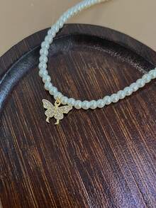 1pc Minimalist Elegant Rhinestone Butterfly Pendant Faux Pearl Necklace, High-End Delicate Layered Clavicle Chain, Suitable For Women's Daily And Festive Wear - Multicolor - View 7