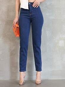 Jeans casuales de corte slim, unicolor con bolsillos, cremallera y botón