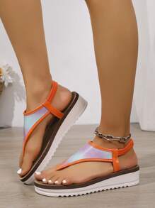 1 Pair Fashionable Colorful Summer Flip Flops, Elastic Band, Slip On Beach Sandals For Women