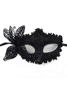 Women Masquerade Mask With Holding Stick Party Mask Half Face Mask For Halloween,There Are A Few Glue Stains In Some Local Areas. If You Are Concerned, Please Take The Photo With Caution - Black - View 12