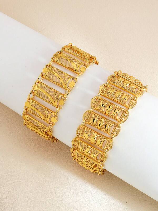 1 Stück modisches goldenes Münzen Armband mit quadratischen, runden und Blatt Dekorationen, geeignet für Damen Alltag und Feiertage, als ideales Geschenk