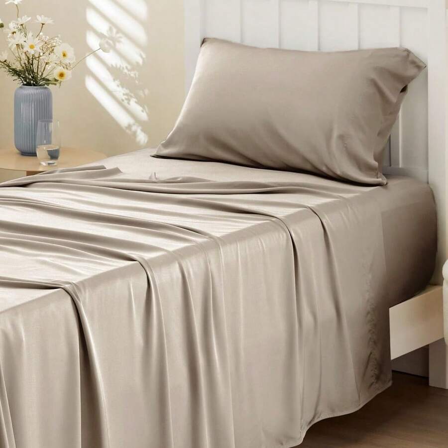 Bedsure Queen Sheet Set, Cooling Sheets For Queen Size Bed Set, Rayon Derived From Bamboo, Breathable & Soft Deep Pocket Up To 16 Inches, Hotel Luxury Silky Bedding, Bedsheet & Pillowcases, Dark Grey - 17 - 純灰褐色 - 查看 1