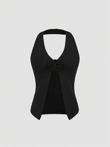 FOR BEAUTY 春夏新款纯色吊带露背针织背心，女士性感休闲优雅音乐节度假轻薄套头毛衣，夏季服装，适合海滩、海边、游泳 - 黑色 - 查看 4