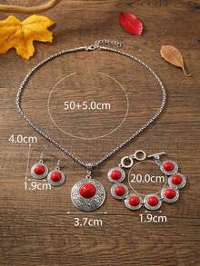 3pcs Vintage Set | Red & Turquoise Necklace - Red - View 3
