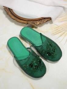 深绿色女士穆勒拖鞋，半覆盖网眼刺绣露背一脚蹬平底鞋，优雅休闲室内/户外透气舒适平底凉鞋 - 墨綠色 - 查看 7