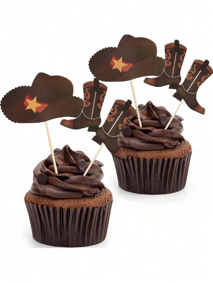 24 piezas - Toppers de magdalenas con sombrero y botas de vaquero o vaquera, decoraciones de tarta de cumpleaños con tema del oeste, insertos de magdalenas de rodeo, suministros de palillos para fiestas con tema del oeste o baby shower (color marrón)