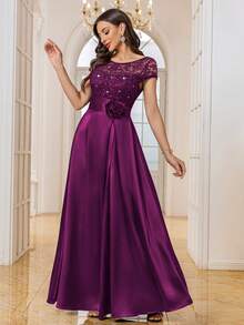 MIUSOL Sequin Floral Lace Colorblock Satin Ruffle Hem Formal Party Maxi Dress - Maroon - View 5