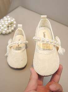 1 Pair Inexpensive Girls Princess Flats, Elegant Minimalist Design With Pearl, Bow, Embroidery Decor, Mesh Breathable Material, Soft & Comfortable, Suitable For Shorts, Skirts, Piano Performance, Spring/Summer/Autumn