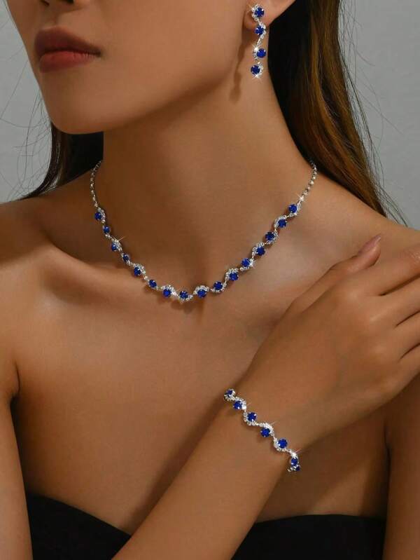 1 Set Fashionable & Elegant Wave Rhinestone Blue Crystal Necklace, Bracelet & Earrings 3 PiecesJewelry Set