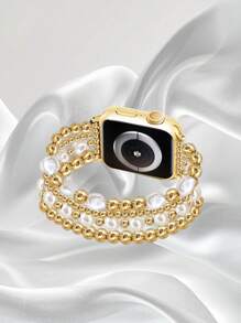 Pulseira de relógio feminina, pulseira de relógio com contas de pérola douradas, compatível com 38/40/41/42/44/45/46/49 mm, compatível com Ultra/Se/10/9/8/7/6/5/4/3/2/1, feita à mão, pulseira elástica leve, estilo retrô, adequada para uso diário e como presente de aniversário, pulseira de relógio