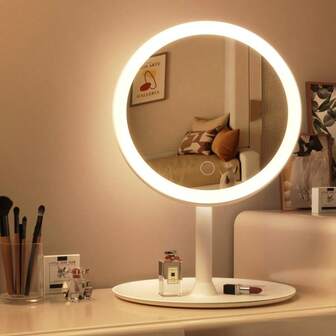 Dimbar LED-sminkspegel, intelligent justerbart trefärgat ljus och steglöst dimbar, en pekskärm USB-laddningsläge sminkspegel, roterbar skrivbords-HD-sminkspegel, avtagbar bärbar resespegel elektronisk skönhetsspegel med förvaringsbricka, lämplig för sovrum, badrum, nattduksbord, sminkspegel för studentboende, lämplig för mors dag, födelsedagar, presenter till kvinnor, examenspresenter