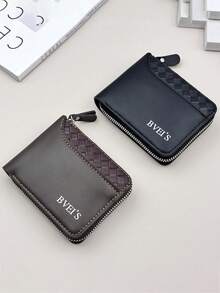 1pc Men's PU Leather Short Wallet, Fashionable Checkered Soft Wallet, Horizontal Zipper Wallet, 2 Fold Coin Wallet, Woven Pattern Splicing Wallet, Large Capacity Multi Card Slot, Can Store Large Banknotes, ID Photo Slot, Letter Decoration, Simple Coin Pocket, Credit Card Bank Card ID Photo Slot, Business Leisure Style, Ideal Gift For Men's Birthday Or Companion, Suitable For Male And Female Young Students Fashion Style Daily Life - View 4