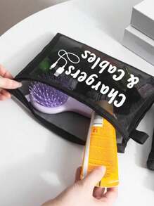 Bolsa de cosméticos de malha com padrão de cabo de dados, bolsa de armazenamento portátil com almofada de ar vermelha, bolsa de maquiagem, bolsa para cuidados com a pele, itens essenciais de viagem, suprimentos para dormitório, presentes para noivas, presentes para mães, presentes de aniversário, presentes para amigos e professores, armazenamento para banheiro, armazenamento de joias, bolsa para armazenamento de óleo labial e cosméticos, férias, férias de verão, volta às aulas, bolsa de material escolar para viagem, bolsa de maquiagem para mulheres, bolsa de maquiagem para viagem