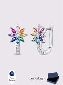 925 Sterling Silver Women's Hypoallergenic Rainbow Flower Shaped Cubic Zirconia Earrings, High Quality Elegant & Luxurious Jewelry Gift Suitable For Daily, Party And Banquet Wear - Silver - View 10