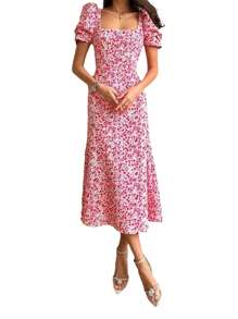 Womenacute;S Summer Midi Dress Casual Short Puff Sleeve Floral Print A-Line Dress Elegant Flowy Dress