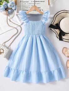 Girls' Square Collar Ruffle Cabled Fabric Texture Dress - Baby Blue - View 1
