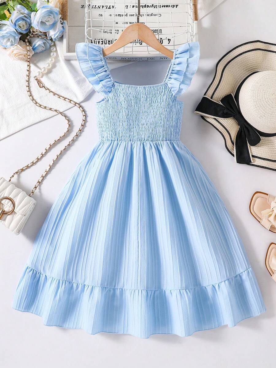 Girls' Square Collar Ruffle Cabled Fabric Texture Dress - Baby Blue - View 1