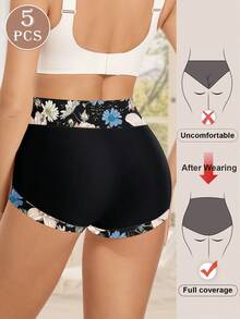 5pcs Women's Mid-High Waist Briefs, Soft & Comfortable Floral Print Triangle Panties, Breathable - Nhiều màu - Xem 3