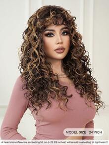 7JHH WIGS 24英寸引人注目的棕金色非裔蓬松卷发假发，适合女性佩戴 - 棕色挑染金色头发 - 长款蓬松卷发假发，带刘海，采用耐热合成纤维制成，适合日常佩戴、音乐节庆典派对角色扮演 - 服装假发配饰 - 毕业礼物 - 挑染金色 - 查看 4