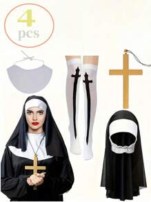 4pcs Nun Costume Accessory Set - Nun Costumes Include Headbands, Collars, Cross Necklaces And Women's Socks - Suitable For Women, Role-Playing Parties And Themed Party Balls