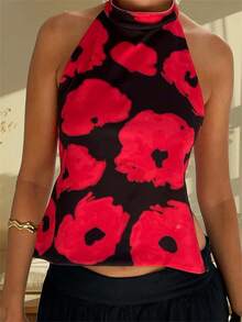 Women Y2k Polka Dots Halter Tank Tops Cute High Mock Neck Backless Cami Open Back Camisole Going Out Tops - 紅色 - 查看 3