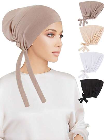 4 Pcs Women Hijab Undercap, Islamic Muslim Under Hijab Cap Inner Under Scarf Hat Turban With Tie Back Closure